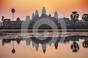 Morning silhuette of Angkor Wat at sunrise. Angkor, Cambodia
