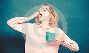 Morning starts with coffee. energy and vigor. energy charge. idea and inspiration. yawning girl with coffee cup at