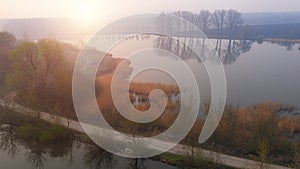 Morning summer landscape over the lake. Drone view