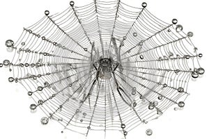 A dew-covered spider web with a spider visible in the center.