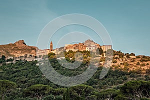 Morning sun on mountain village of Speloncato in Corsica