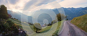 morning sun at Prattigau landscape, view from Pany to the valley, swiss alps