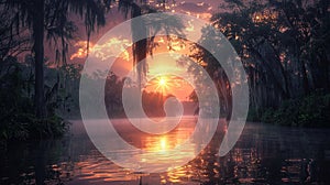 The morning sun rises over a still bayou, casting a golden glow on the water and illuminating the lush vegetation on the banks