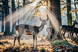 Morning sunbeams on deer in autumn forest