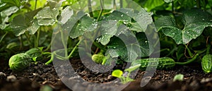 Morning sunlight highlights water droplets on cucumbers and leaves in a fertile garden patch.