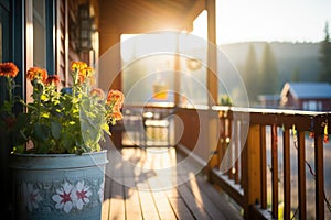 morning sunlight on log cabin balcony with flowerpots