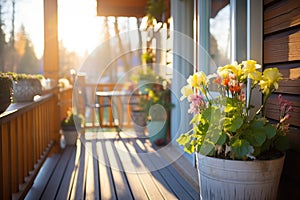 morning sunlight on log cabin balcony with flowerpots