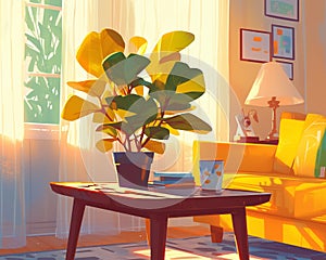 Morning sunlight pouring over indoor potted plant on coffee table, cozy living room