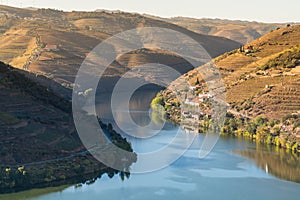 Morning sunny autumn view on a Duoro river and a valley near Pinhao village in Portugal