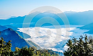 Morning sunrise, dramatic cloud of sea, giant rocks and Yushan mounatin under bright blue sky in AlishanAli mountain National Pa