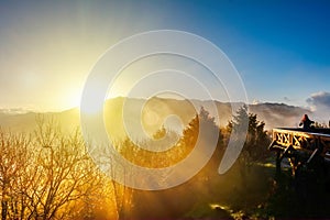 Morning sunrise, dramatic cloud of sea and Yushan mounatin under bright blue sky in AlishanAli mountain National Park, Taiwan