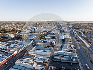 Morning sunrise high angle aerial drone view of the Central Business District of outback mining town Broken Hill, New South Wales