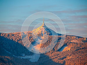 Morning sunrise at Jested Mountain and Jested Ski Resort. Winter time mood. Liberec, Czech Republic