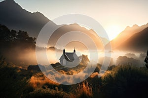 morning sunrise over chapel surrounded by misty mountains in the background