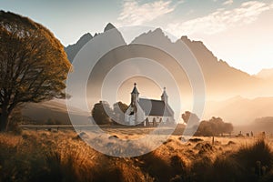 morning sunrise over chapel surrounded by misty mountains in the background