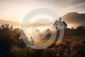 morning sunrise over chapel surrounded by misty mountains in the background