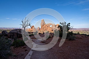 Morning sunrise view of the path to Turret Arch in Arches National Park in Moab Utah