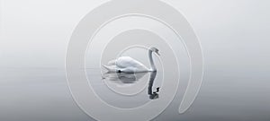 Morning Swan Glides Through Foggy Lake photo