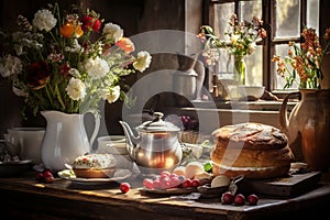 Morning table with Easter eggs and Easter cake on the table. Festive table for Easter