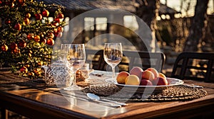 Morning table with a fountain with peaches outside in the quality light of the sun