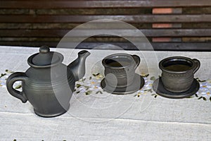 Morning tea ceremony. clay teapot and two cups of tea