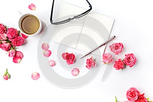 Morning tea and Notes. Time management,Creative background Top view. Flat lay.