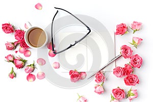 Morning tea and Notes. Time management,Creative background Top view. Flat lay.