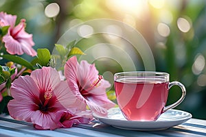 Morning tea setting Hibiscus tea served on picnic table with flowers