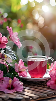 Morning tea setting Hibiscus tea served on picnic table with flowers