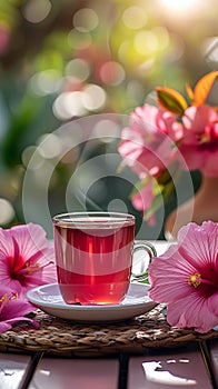 Morning tea setting Hibiscus tea served on picnic table with flowers