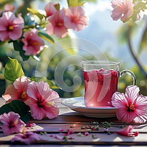 Morning tea setting Hibiscus tea served on picnic table with flowers