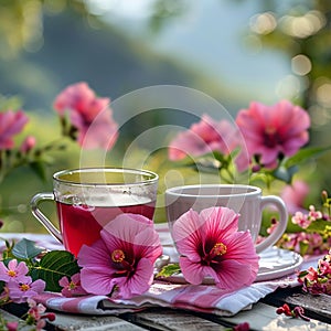 Morning tea setting Hibiscus tea served on picnic table with flowers