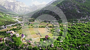 Morning in Thethi village, Albania. Aerial view of