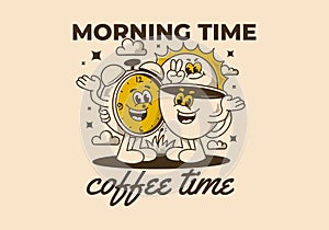 Morning time, coffee time. Mascot character of coffee cup, alarm clock and a sun