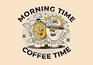 Morning time, coffee time. Mascot character of coffee cup, alarm clock and a sun