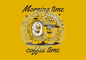 Morning time, coffee time. Mascot character of coffee cup, alarm clock and a sun