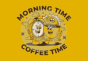 Morning time, coffee time. Mascot character of coffee cup, alarm clock and a sun