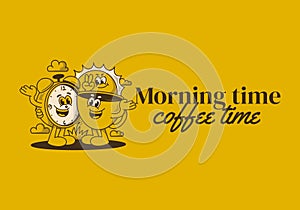 Morning time, coffee time. Mascot character of coffee cup, alarm clock and a sun