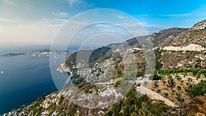 Morning timelapse view of the Mediterranean coastline of the town of Eze village on the French Riviera