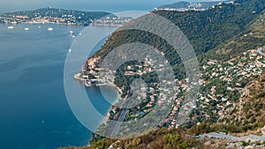 Morning timelapse view of the Mediterranean coastline of the town of Eze village on the French Riviera