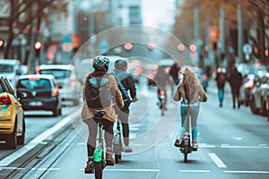 Morning traffic on a busy city street captured in bokeh with cyclists and cars, highlighting urban movement.
