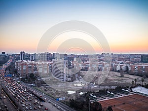 Morning traffic jams on Madrid. Aerial view of Madrid