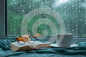 Morning tranquility coffee, spectacles, book, rain drenched window Stay home bliss