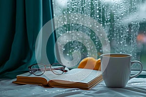 Morning tranquility coffee, spectacles, book, rain drenched window Stay home bliss