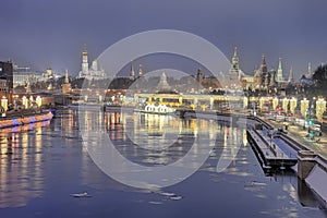 Morning Twilight Over the Festive Moscow in Winter Holidays