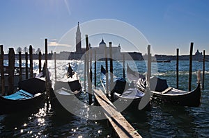 Morning in Venice, gondolas, Grand Canal and San Giorgio Maggiore church