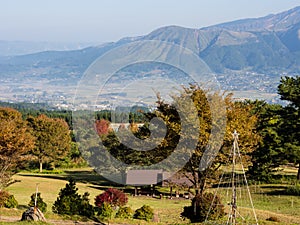 Morning view of the 5 peaks of Aso from the southern rim of Aso volcanic caldera