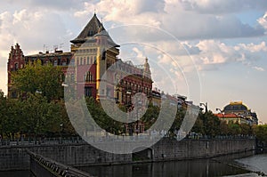 Morning view on ancient buildings in the center of Prague City. Summer morning cityscape photo. Prague, Czech Republic