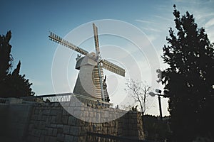 Morning view of Ancient Windmill in Old Jerusalem,The Montefiore Windmill less-commonly known as the Jaffa Gate Mill , Israel