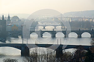 Morning view of bridges and Vltava River from observation deck of Ganavsky pavilion, Prague, Czech Republic